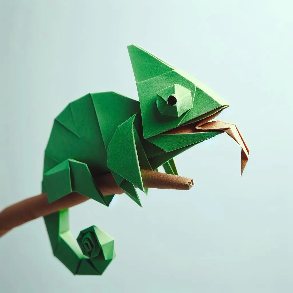 DALL·E 3 - An origami chameleon standing on a branch