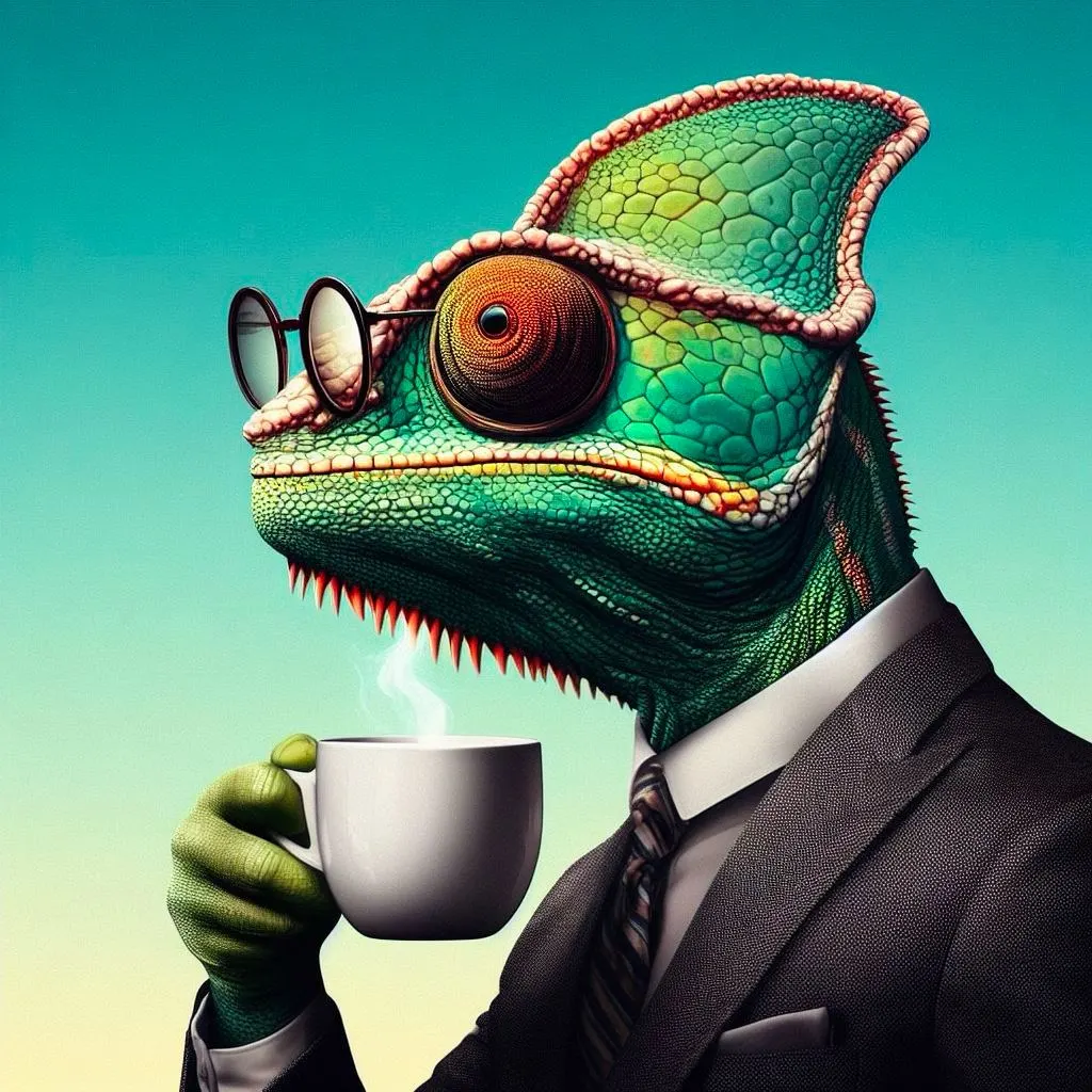 DALL·E 3 - a chameleon in a suit whit an eyeglass drink a coffee