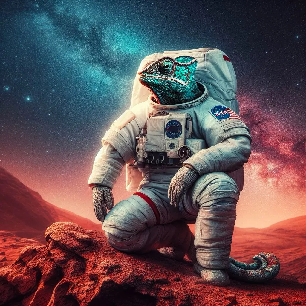 DALL·E 3 - High quality photo of a chameleon astronaut